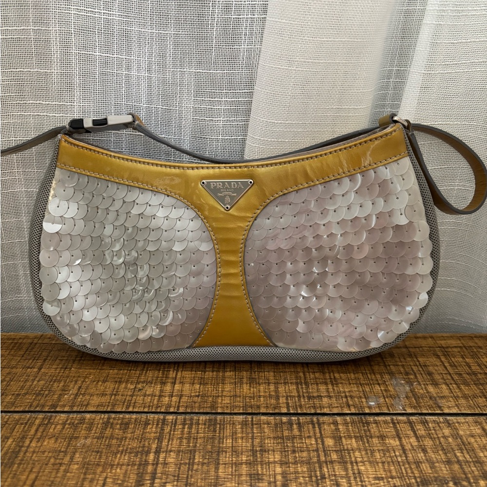 Prada Silver Sequin and Gold Accent Clutch